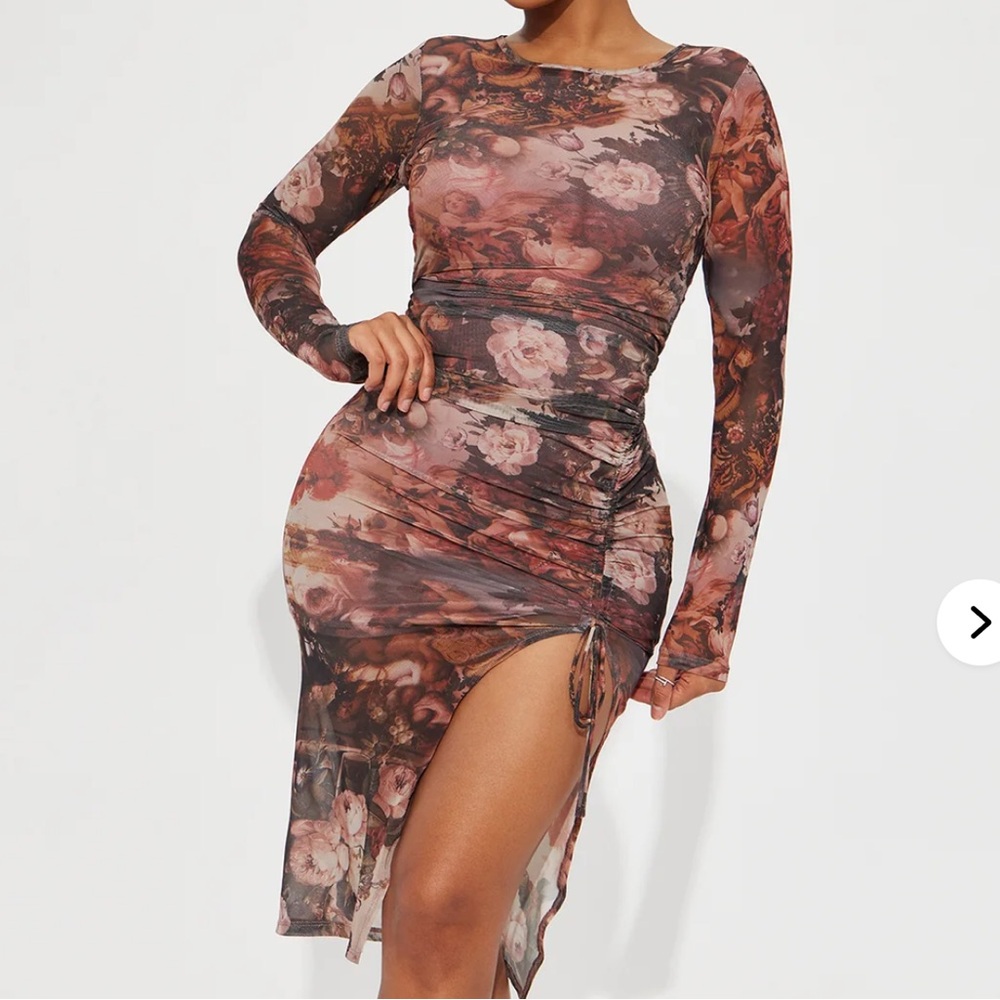 Fashion Nova Brown Cream Ruched Long Sleeve Dress